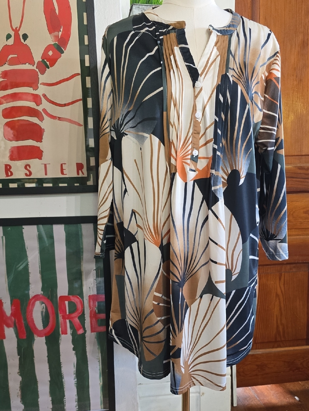 Printed Long Sleeve Tunic Top in Navy, Cream & Camel Tribal Serengeti Xl